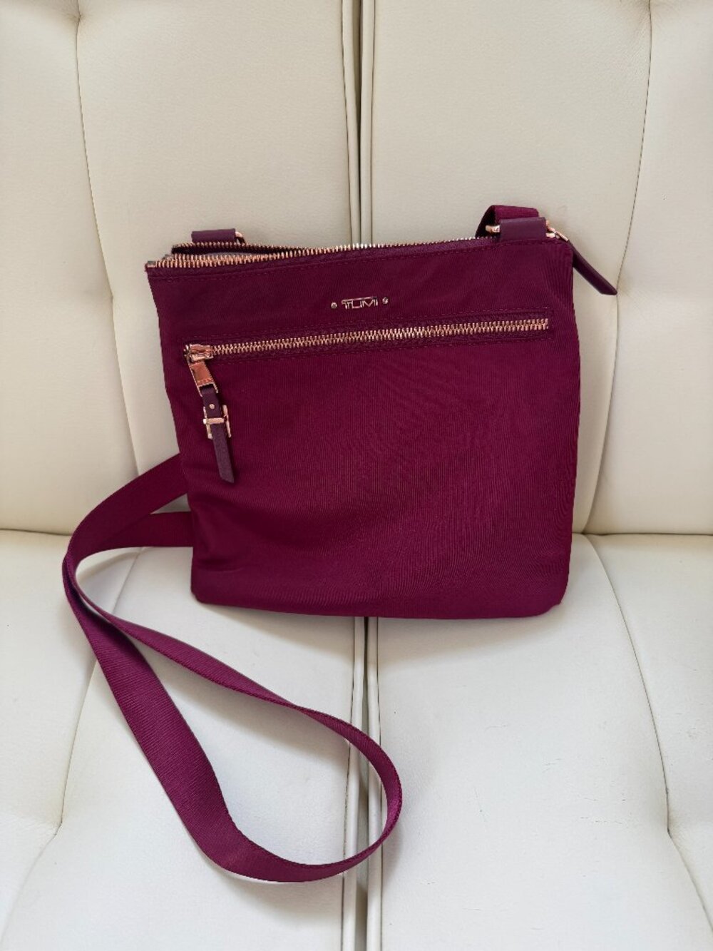 Tumi medium crossbody rose gold berry magenta fuchsia hot pink travel purse